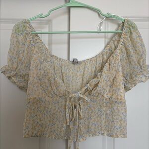 Love Tree Blue and Green Puff Sleeve Crop Blouse